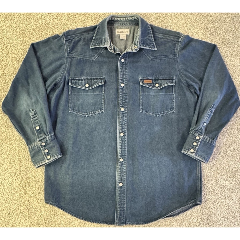 Carhartt Denim Long Sleeve Shirt Mens L Western Pearl Snap Blue Jean Workwear